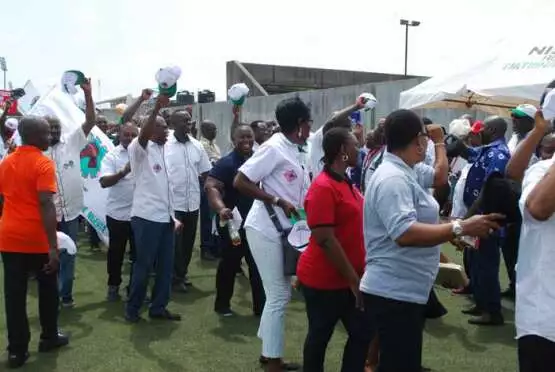 Cross-section of workers marching