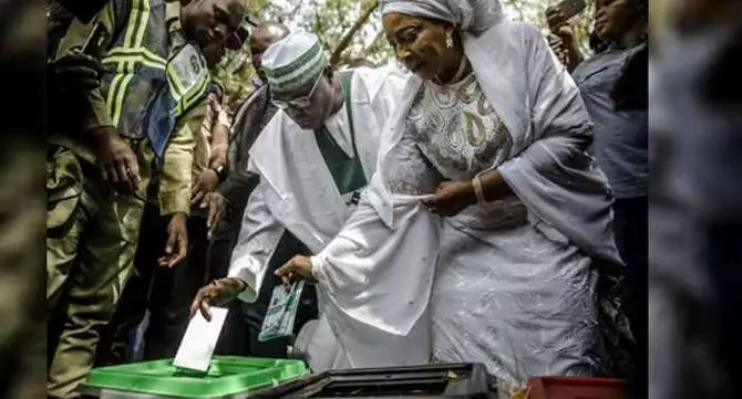 Atiku and wife, Titi casting their votes at Ayila north local govt area Adamawa