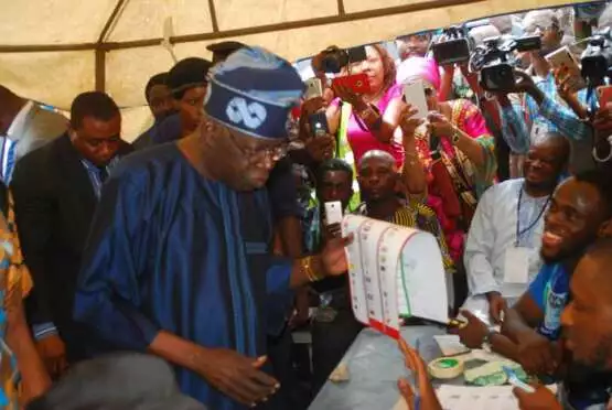 Senator Bola Tinubu at his polling booth in Alausa Ikeja