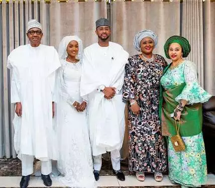 From Left, President Muhammadu Buhari, his daughter (Hanan) , his Son-in-law (Turad), Aisha Buhari (Bride’s Mother) and Munira Marwa (Groom’s Mother)