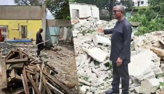 Peter Obi at the demolished building site