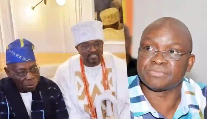 Obasanjo and Oba Dr Adetokunbo Tejuosho - Olu of Orile Kemta and Ayodele Fayose