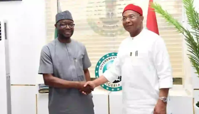 R-L: Governor Hope Uzodimma of Imo State with the Minister of Humanitarian Affairs and Poverty Reduction, Dr. Bernard Doro when the latter and his team paid a working visit to the Governor at Government House Owerri, Wednesday, June 3, 2026.