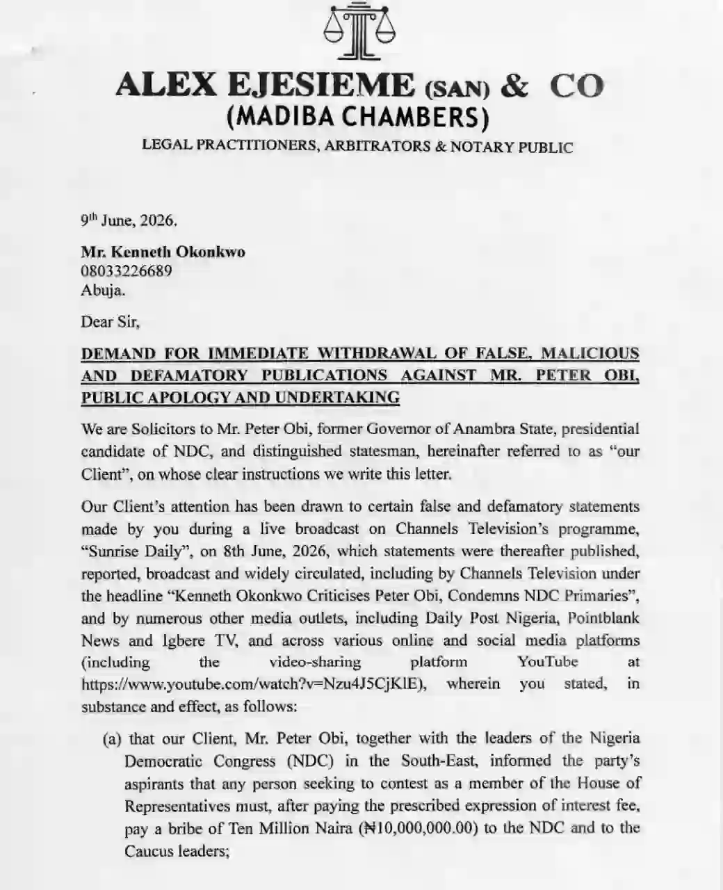 Peter Obi Sues Kenneth Okonkwo